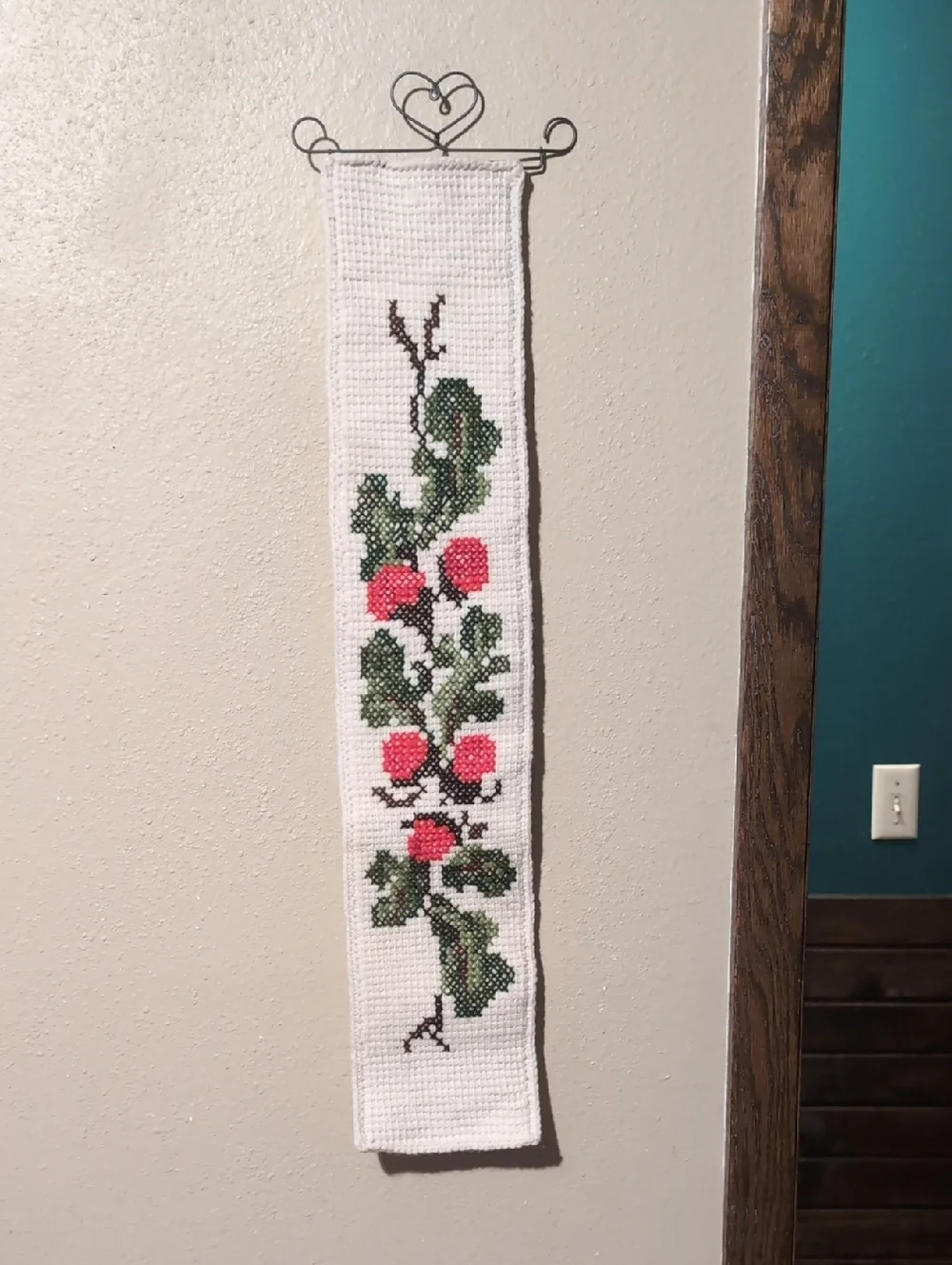 Handmade White Cross-Stitch Wall Hanging with Green Leaves and Red Berries